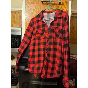 DJT Womens Red Black Buffalo Plaid Button Down Flannel XL Long Sleeve Pockets
